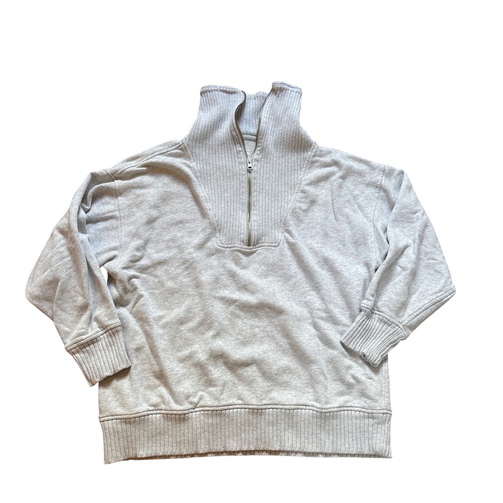 Aerie Quarter Zip Sweatshirt Womens Grey Oversized Ribbed Fleece SIZE S